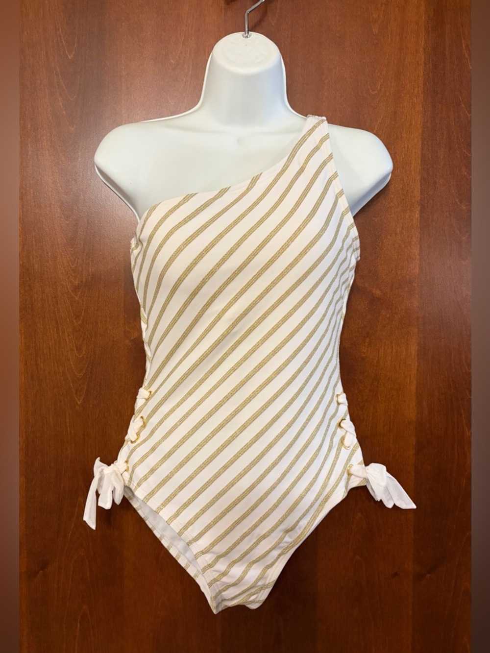 Jantzen One-Shoulder White and Gold Stripe Swimsuit